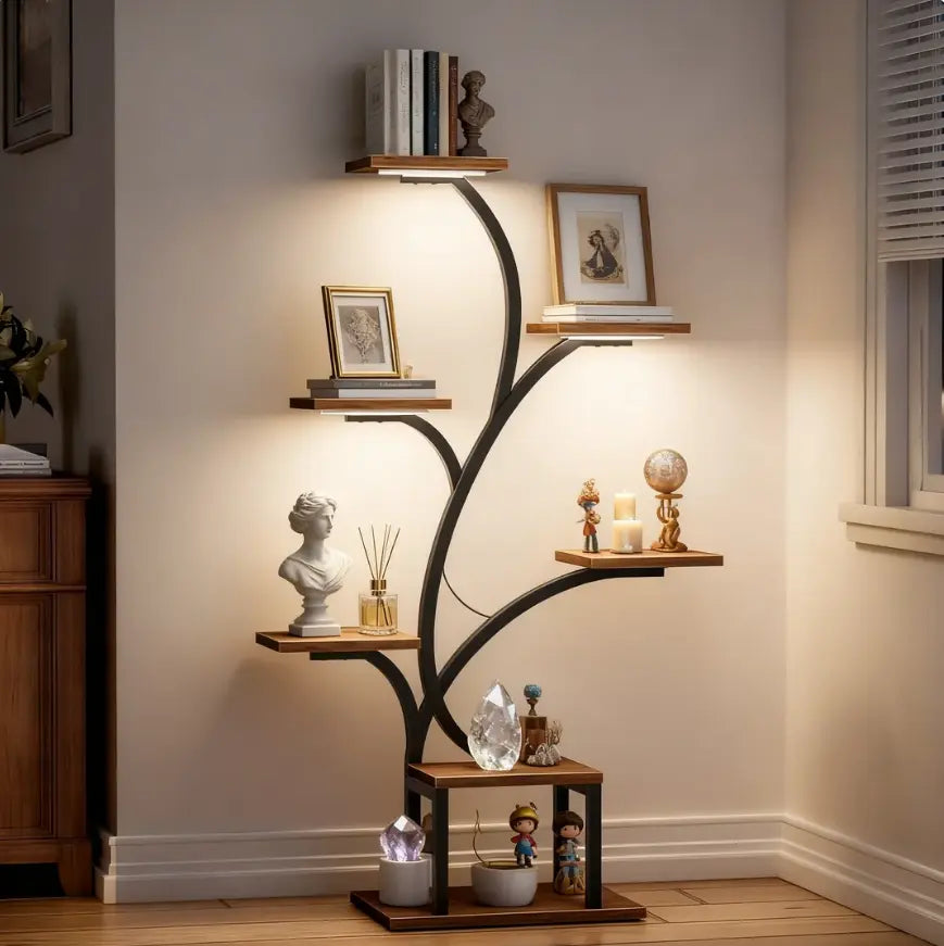 BACEKOLL 7 Tier Lighted Decorative Display Shelf, 49" Tree-Shaped Corner Storage Rack with LED Lights, Metal Tall Display Shelf for Books, Figurines, Photo Frames, Candles, Crystals & Collectibles, Brown
