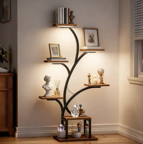 BACEKOLL 7 Tier Lighted Decorative Display Shelf, 49" Tree-Shaped Corner Storage Rack with LED Lights, Metal Tall Display Shelf for Books, Figurines, Photo Frames, Candles, Crystals & Collectibles, Brown